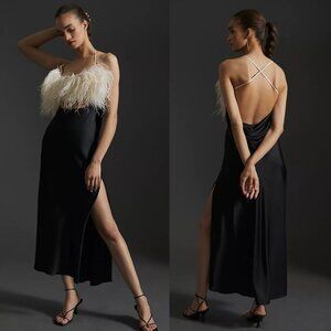 PatBO Feather Trim Midi Slip Dress in Black 2